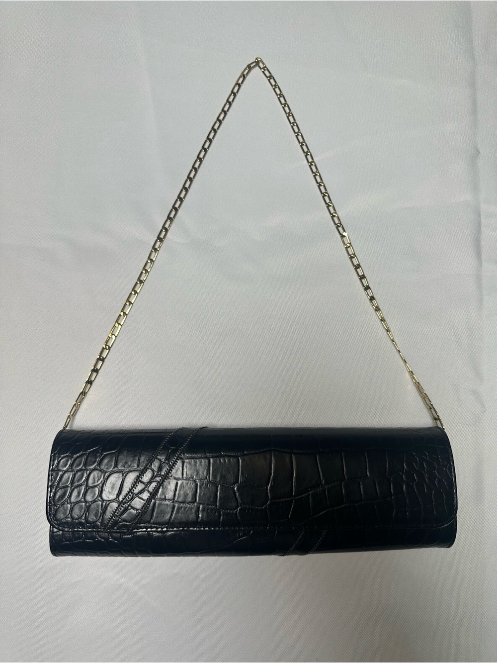 Carlos Falchi Black Croc-Embossed Fatto a Mano Clutch with Gold Chain